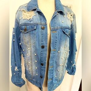 Pearl Embellished Distressed Denim Jacket - Size S